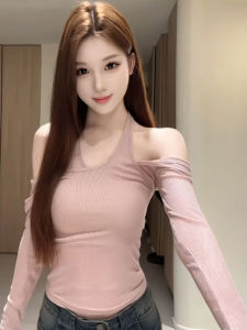 CHANGTONG | Pure and Sensual Halterneck Long Sleeve Fitted Knit Tshirt
