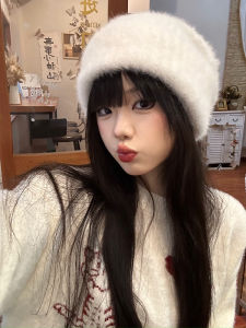 Big Head Circumference White Rabbit Fur Pile Style Fur Autumn and Winter Ear Protection Warm Knitted Hat Easiest for Match Face Slimming Small Extra Thick Beanie Hat