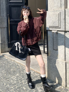 Stylish Cool Sweet Motorcycle Jacket Womens Autumn New Fashion High-End Feelings Short Outerwear Red Ankela Trendy Streetwear