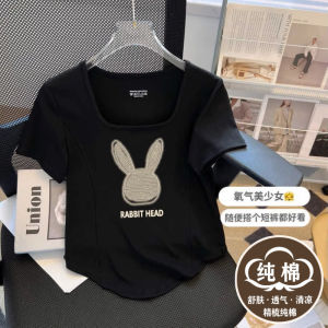 Áo Thun Cotton Tay Ngắn Không Đều Cho Nữ Mùa Hè 2023 Phong Cách Hàn Quốc in Họa Tiết Hoạt Hình Cổ Vuông Thường Ngày