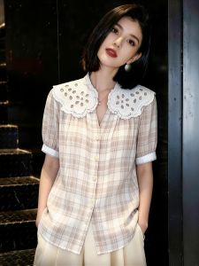 SHUAIYUE | Áo Blouse Tay Ngắn Họa Tiết Caro Vintage
