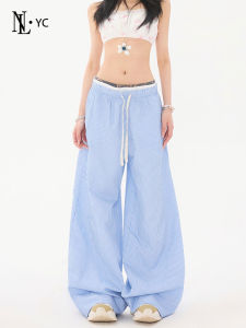 Quần Ống Rộng Kẻ Sọc Phong Cách Hàn Quốc Cho Nữ Mùa Hè 2025 Quần Dài Thường Ngày Có Dây Rút Eo Kép Quần Ống Rộng Màu Xanh Nhạt Rộng Rãi