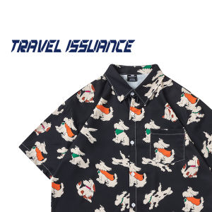 Travel Issuance Fun Dog Print Loose Short Sleeve Shirt Summer Casual Fashion Mens Shirt Trendy Flip Collar Youth Popular