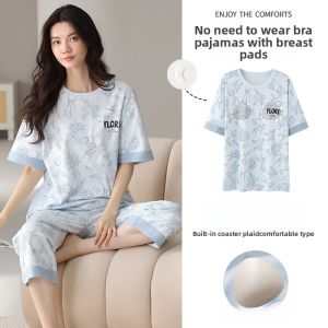 miiow | Pure Cotton Sleepwear Set With Chest Pad Womens Casual Short Sleeve Five-Quarter Pants Breathable Lightweight Summer Home Clothes