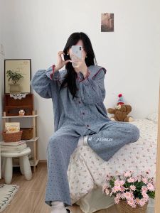 Korean Style Sweet Polka Dot Long Sleeve Sleepwear Set for Women with Ruffle Collar Home Clothes Spring Autumn Seasonal
