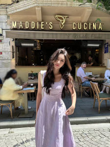 Linen Purple Square Neck Strap Dress