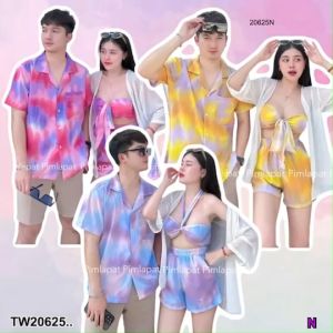 B20625  Set คู่รัก 4 ชิ้น เสื้อฮาวาย + เสื้อเกาะอก กับเสื้อคุลม + กางเกงขาสั้น Set of 4 couples: Hawaiian shirt + strapless shirt with cover-up + shor