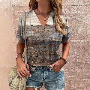 Multi-Color Printed V-Neck Striped T-Shirt Street Style Loose Fit Short Sleeve Floral Pattern Summer Casual Womens Top