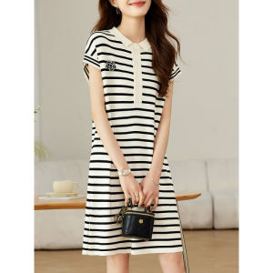 Váy Polo Kẻ Sọc Kiểu Pháp Mùa Hè Cho Nữ Tay Ngắn Dáng Chữ a Cổ Polo Giản Dị Thường Ngày Váy Công Sở Dài Vừa Phải Chất Liệu Polyester
