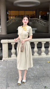 Đầm thiết kế BEMINE cổ trụ phối viền nơ đính cúc dáng chữ A phù hợp đi làm-B171