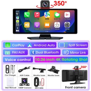 10.26" 4K Dash Cam Car DVR 350° Rotating Lens WIFI Carplay & Android Auto Dual Lens Rearview Camera AUX GPS BT FM Mirror Monitor