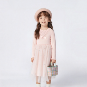Balabala | Princess Style Knitted Net Dress Childrens Clothing Girls Mid-Length A-Line Skirt Soft Cotton Blend Fabric Long Sleeve