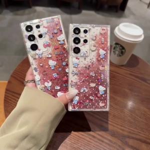 Comel KT Sarung Pasir Mengalir Kucing Serasi dengan Samsung S24Ultra Sarung Telefon Cecair S23Ultra Kartun S22 Rantai tangan