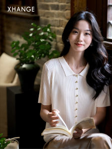 Elegant Collar Tencel Acetate Blended Knitted Top Summer