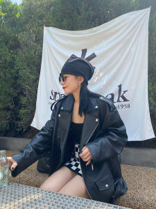 เสื้อแจ็คเก็ตหนังแท้สไตล์มอเตอร์ไซค์แบบกว้างสำหรับผู้ชายและผู้หญิง ฤดูใบไม้ผลิ 2024 แขนยาว ปกเสื้อแบบมีซิป ทรงหลวม แจ็คเก็ตหนังแกะ