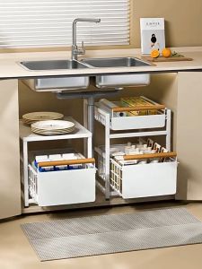 Pull out the storage rack stainless steel pull -type kitchen cabinet condiment storage condiment storage basket white