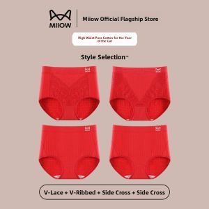 miiow | Red Cotton Underwear High Waist Triangle Shorts For Women Pure Cotton Antibacterial Comfortable Briefs For Wedding And Lucky Year