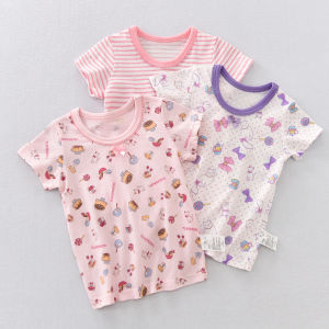 Girls Short Sleeve Cotton T-Shirt round Neck Cartoon Print Summer Outdoor Wear Breathable Sweat Absorbent Half Sleeve Baby Top