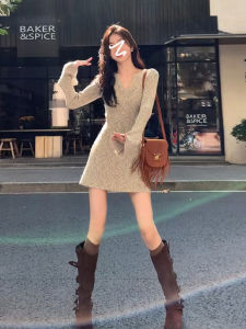 PEIZIXUAN | French Elegant and Innocent Waist-Cinching Knit Dress V-Neck
