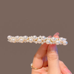 Elegant Simple Pearl Hair Clip Womens Spring Clamp White Headwear Alloy Embedded Artificial Gemstone Top Clip Fashionable