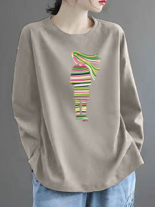 เสื้อยืดคอกลมแขนยาวผ้าฝ้ายแท้สไตล์ย้อนยุคสำหรับผู้หญิงไซส์ใหญ่ แฟชั่นฤดูใบไม้ผลิและฤดูใบไม้ร่วง ลายการ์ตูน ทรงหลวม ทรงเอ