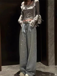 Shiny Flashy Wide Leg Diamond Embellished Loose Fit High Waist Jeans Womens plus Size Early Autumn New Style Slimming Long Pants