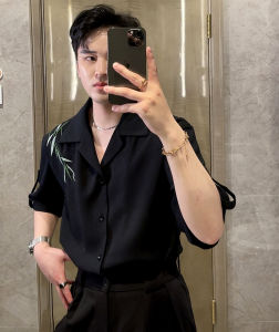 New Chinese Style Mens Short Sleeve Shirt Embroidered Bamboo Floral Cuban Collar Summer Fashion Youthful Standard Fit Polyester