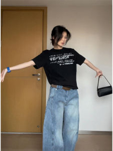 Áo Thun Tay Ngắn Dáng Rộng in Chữ Màu Đen Phong Cách Retro Mỹ Dành Cho Nữ Mùa Hè Chất Liệu Cotton Cao Cấp Cổ Tròn