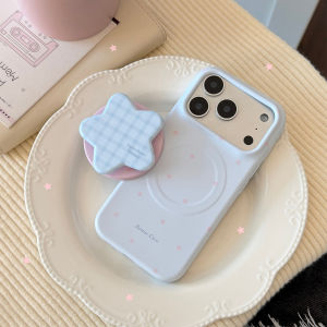 Simple Blue Grid Pattern Stars Magnetic Bracket Phone Case For iPhone 17 16 15 13 14 Pro Max Shockproof Protective Soft Cover