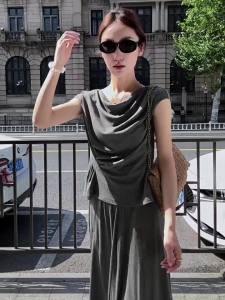 SUSHE | Minimalist Knit Short Sleeve A-line Skirt Suit