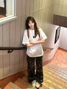 Jiaomoyn American High Street Design White Short Sleeve Womens T-shirt Loose Fit Pure Cotton Summer New Style round Neck