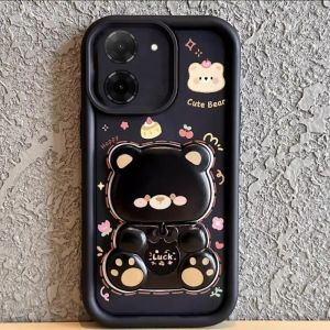Phone Case Redmi A5 A3 POCO C71 C61 Cute Cartoon Bear Makeup Mirror Bracket Casing Lens Protection Shockproof Silicone Soft Back Cover 2025