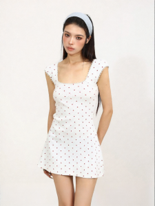Korean Style Polka Dot Square Neck Strap Dress A-Line