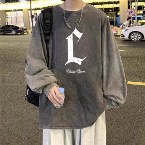 Washed Vintage Long Sleeve T-Shirt Mens Spring Autumn Loose Youth Pure Cotton Base Shirt Top Creative Fun Print round Neck