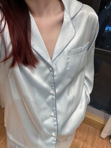 Áo Len Cardigan Dài Tay Bằng Lụa Băng Satin Sang Trọng Kiểu Pháp Áo Ngủ Dài Quần Dài Mặc Nhà Mùa Thu Bộ Đồ Ngủ Cho Nữ