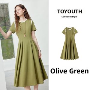 Toyouth | Womens Round Neck T-shirt Dress Color-blocked High Sensibility Mid-length