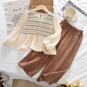 Bear Leader Autumn Korean Version Plain Girls Clothes Beige Bubble Long Sleeved Printed Top+Brown Pants Casual Simple Childrens Clothing