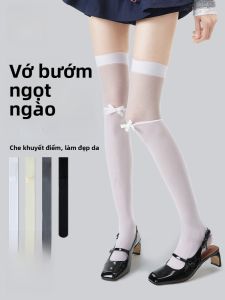 MiiOW | Tất dài qua đầu gối bằng lụa đen gợi cảm cho nữ mùa hè mỏng thắt nút bướm JK dài đến đầu gối đan xen bằng lụa trắng Tất