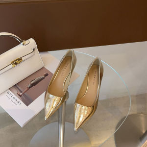 Silver Pointed Toe High Heels Thin Heel Commute Cat Heel Slip-On Fashionable Shoes for Skirts Youth Rubber Outsole PU Lining