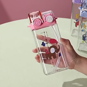 Botol Minum Kotak Anak Gaya Kartun Tutup Ganda Sedotan + Tali Panjang Transparan