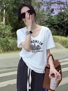 DVDK | White Short Sleeve Women T-Shirt Thin Loose Design Bamboo Cotton Letter Print V-Neck