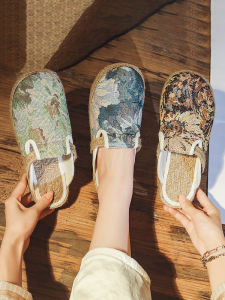 Womens Embroidered Flax Slip-On Shoes Office Wear Anti-Slip Flat Bottom Artistic Forest Girl Style Beijing Old Town Shoes