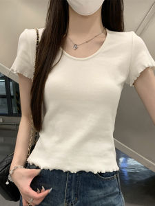 White U-Neck Short Sleeve T-Shirt Womens Summer Slimming Design Waist-Cinching Short Style Korean Version Commute Style