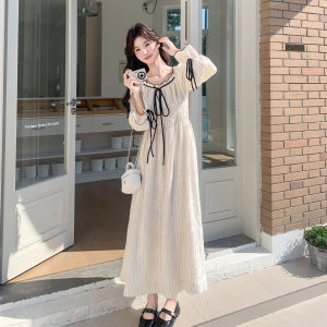 Blue French Style Sweet Soft Lace Splicing Dress Womens Autumn New Loose Waist Polyester Fiber Long A-Line Skirt Dress