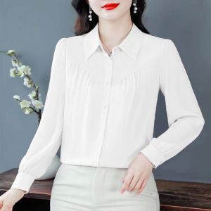 เสื้อเชิ้ตแขนยาวสีพื้นสำหรับผู้หญิง ทรงหลวม ปกโปโล ทรงปกติ ผ้าโพลีเอสเตอร์ ฤดูใบไม้ร่วง 2025 เสื้อเชิ้ตทรงพอดีตัวสำหรับใส่ทำงาน