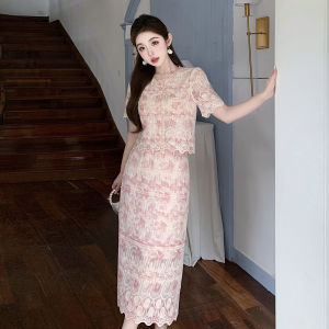 Impression Fashion Store Women Elegant Lace Floral Embroidered Short Flare Sleeve Blouse and High Waist Slim Bodycon Midi Skirt 2 Pcs Set