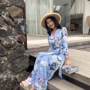 NUNA Maxi Dress Floral Printed Wrap Long Dress Beach Romantic Vacation Casual Lengan