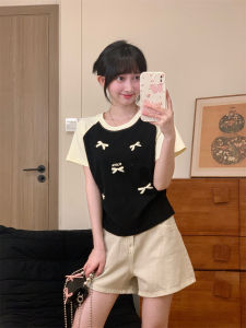 Unique Butterfly Knot Print Short Sleeve Womens Sweet Cool Color Block Shoulder T-Shirt Korean Style Slim Fit Cotton Tee