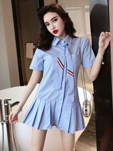 Anti-Aging Summer New Style Womens Dress Loose Slimming Design Commute Shirt Waist Cinching Pleated Skirt Korean Version