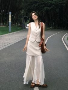 VKSOD | French Vintage Style Womens Vest Top V-neck Mesh High Waist Skirt Two-piece Set Summer 2025 Buttoning Other 100% Material